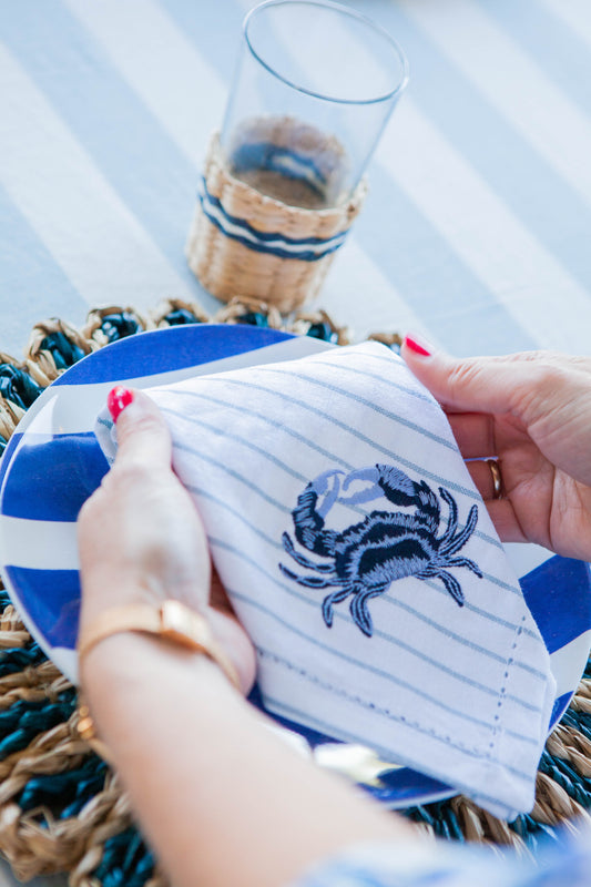 blue stripe crab embroidery napkin