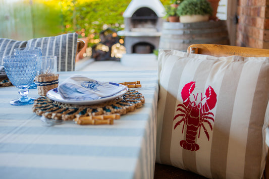 Red Lobster cushion with coastal themed table setting