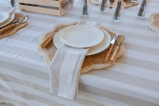 Chambray stripe natural tablecloth and table napkins