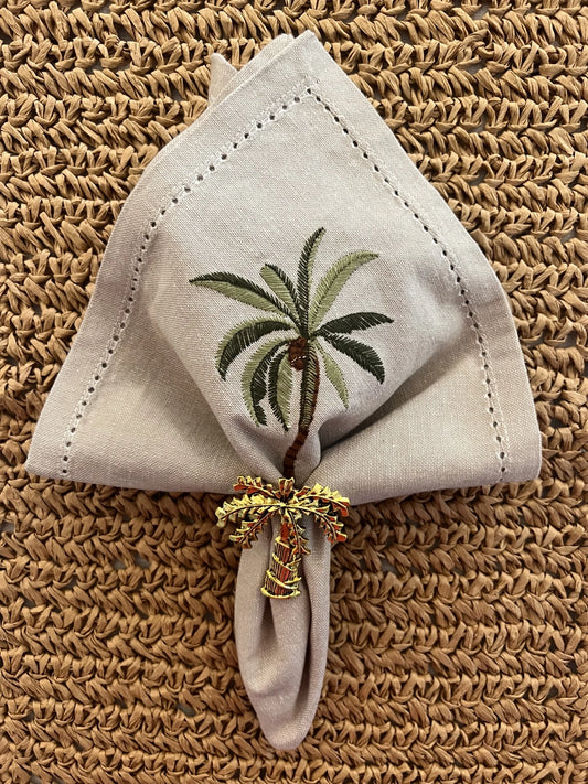 Cotton napkin with palm embroidery and palm napkin ring