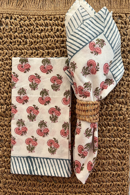 Floral pink poppy napkin with woven napkin ring