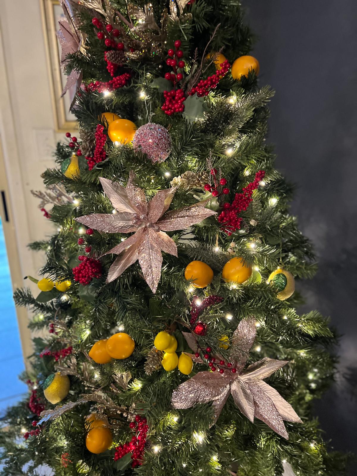 Pink Poinsettia Christmas Decorations on Tree